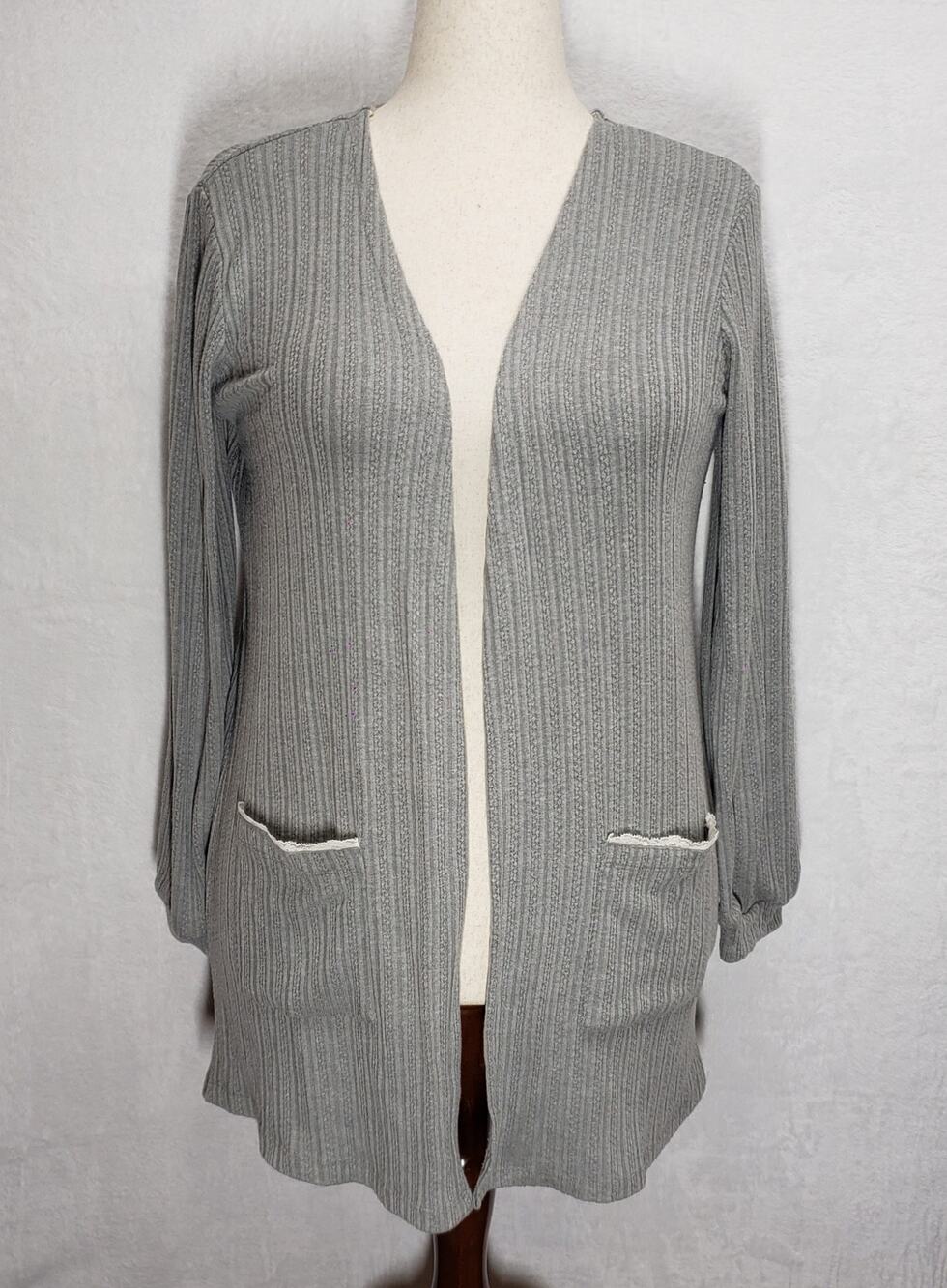 Blu Pepper Gray Open Front Cardigan L Lace Pockets NWOT